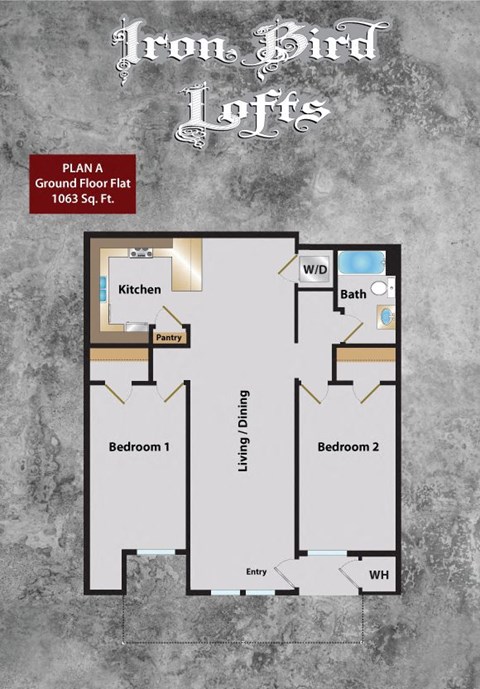Floor plan for 2 beds, 1 bath, 1063 sqft